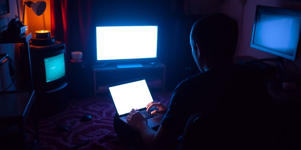 Person mit Laptop in einem dunklen Raum.