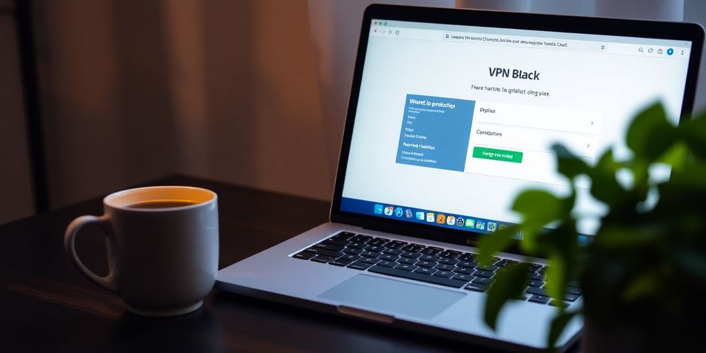 Ein MacBook mit VPN-Oberfläche auf einem Tisch.