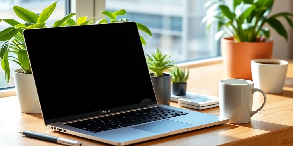 Modernes Homeoffice mit Laptop und Pflanzen.