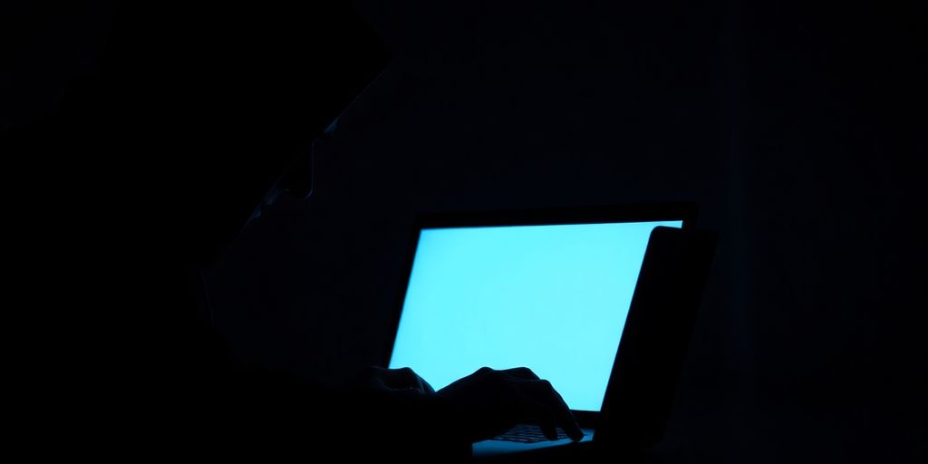 Dunkle Figur mit Laptop in einem schummrigen Raum.