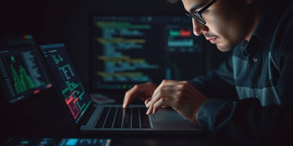 Cyberkriminalität Ermittler mit Laptop und digitalen Geräten.