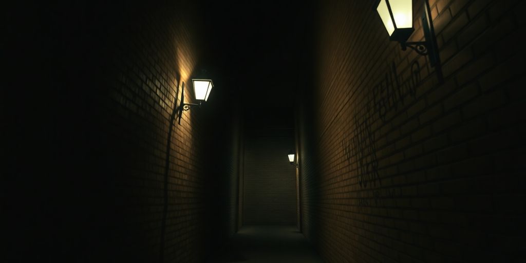 Dunkle Gasse mit flackerndem Licht und Schatten.