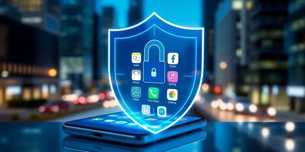 Smartphone mit App-Icons und digitalem Datenschutzschild.