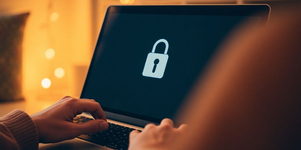 Person am Laptop mit Schloss-Symbol auf dem Bildschirm.