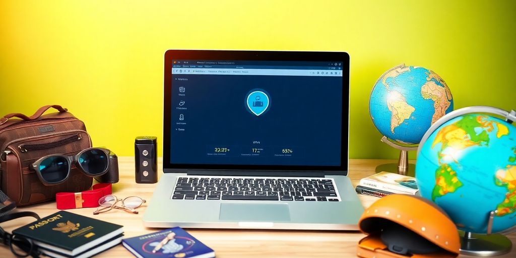 Laptop mit VPN-Schnittstelle und Reiseutensilien.