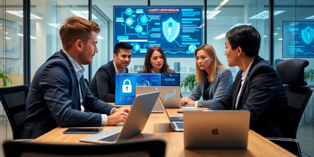 Mitarbeiter diskutieren über IT-Sicherheitsrichtlinien im Büro.