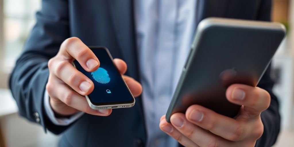 Person nutzt ein mobiles Gerät mit Fingerabdruckscanner.