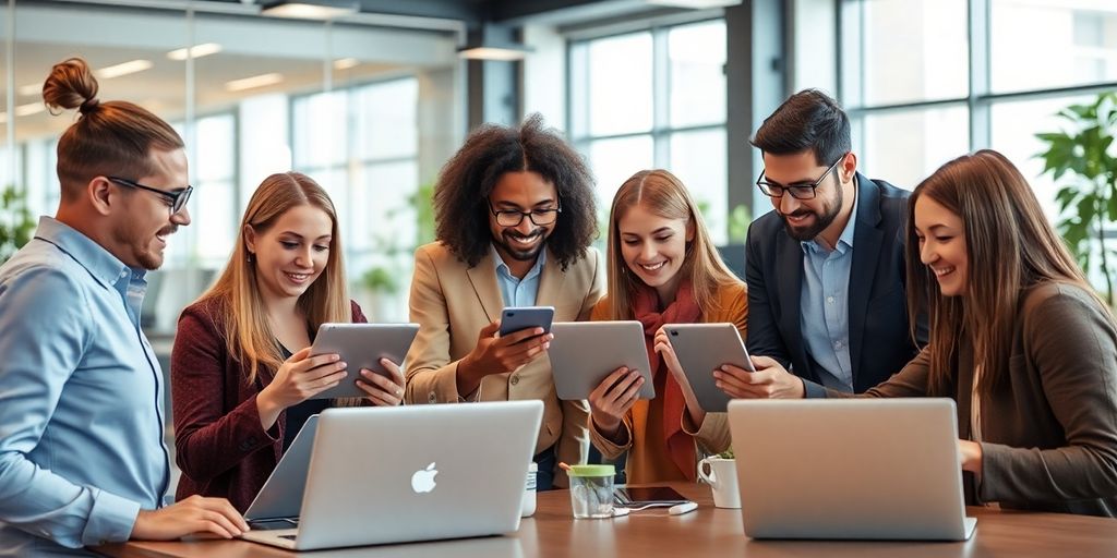 Diverse Fachleute in einem modernen Büro arbeiten zusammen.