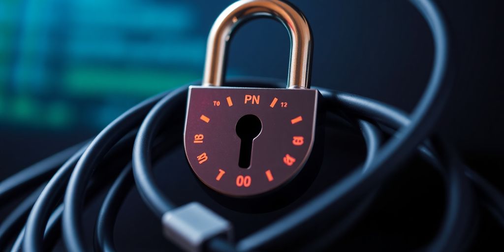 Digitales Vorhängeschloss mit Netzwerkkabeln.