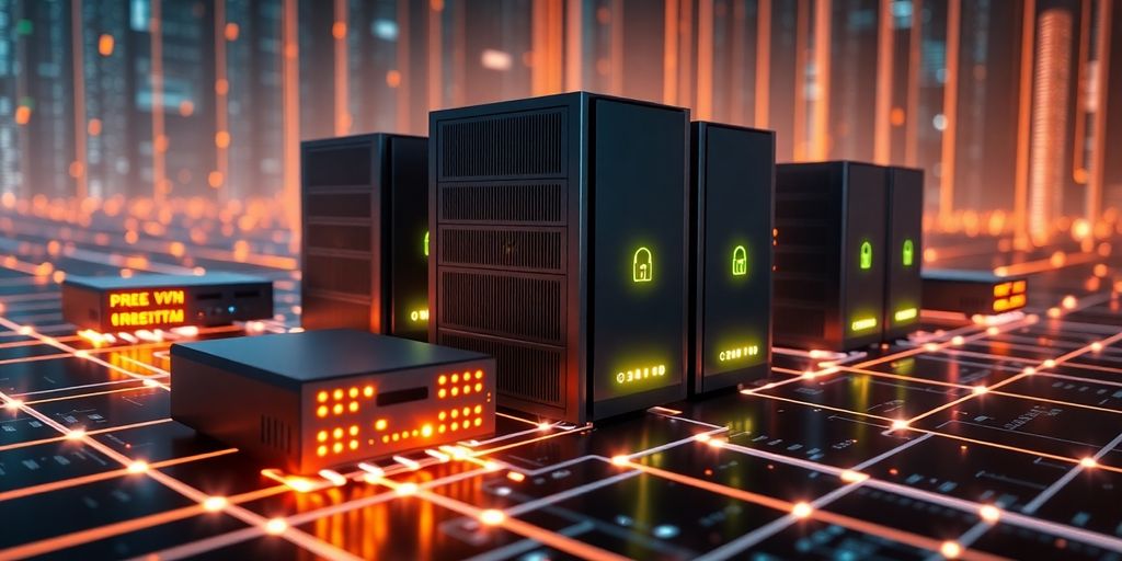 Mehrere verbundene VPN-Server in digitaler Landschaft.