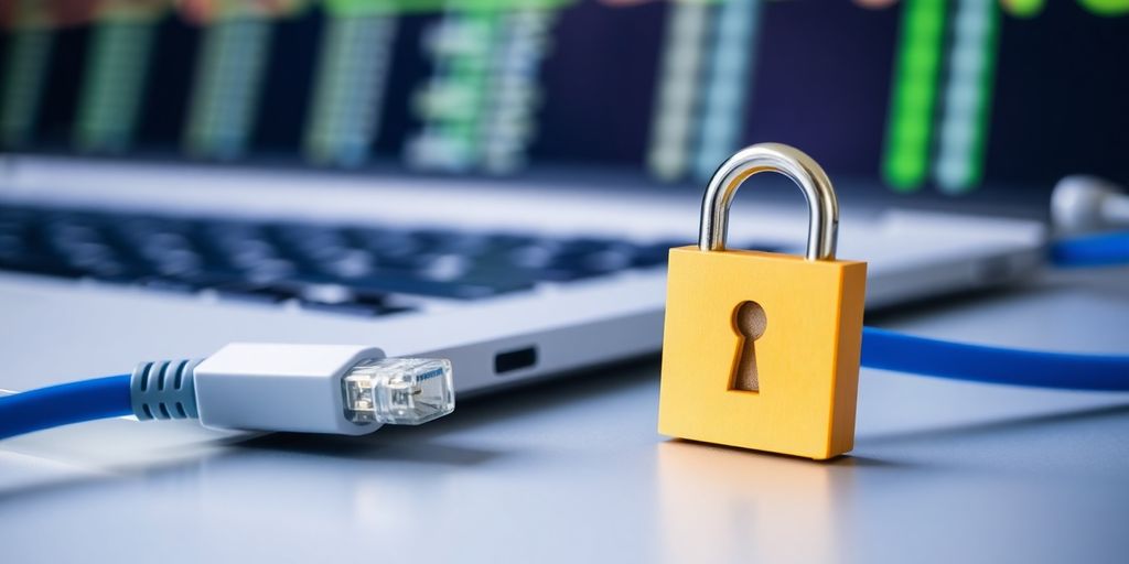 Sichere VPN-Verbindung mit Laptop und Schloss.