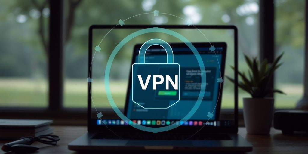Laptop mit VPN-Symbol in sicherer Umgebung.
