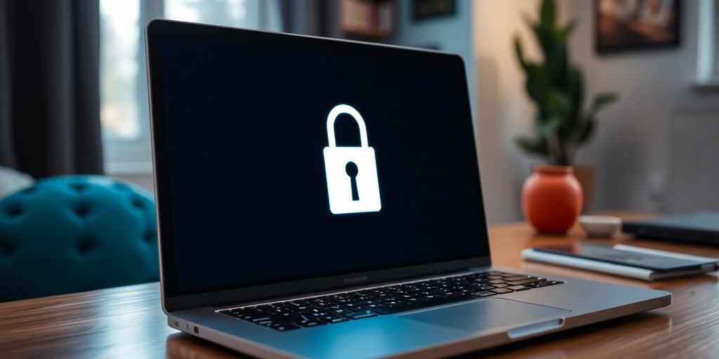 Laptop mit VPN-Verbindung in einem gemütlichen Arbeitsbereich.