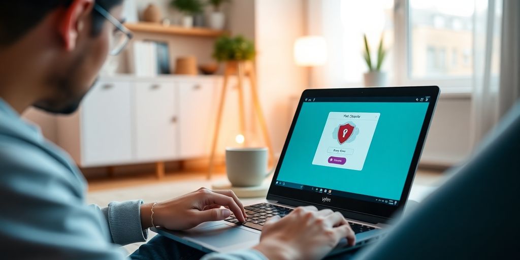 Person mit Laptop und VPN-Interface in modernem Raum.