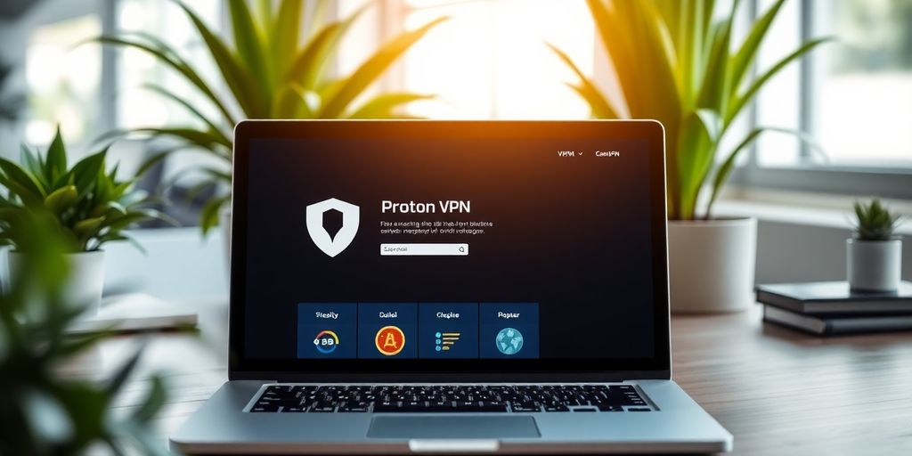 Laptop mit Proton VPN Oberfläche in modernem Raum.