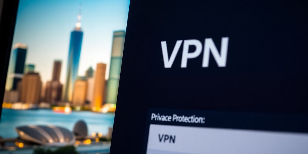 Computerbildschirm mit VPN-Oberfläche und Stadtansicht im Hintergrund.