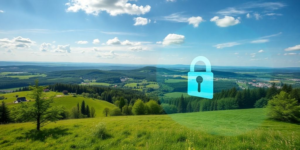 Landschaftsbild mit digitalem Privatsphäre-Symbol.