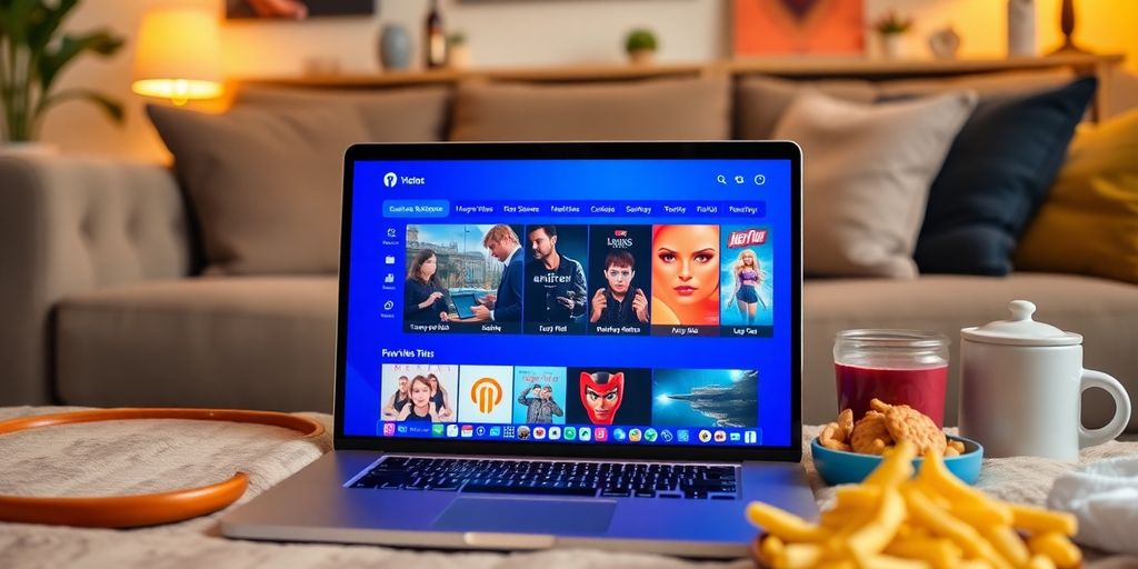 Laptop mit Streaming-Diensten in einem gemütlichen Wohnzimmer.