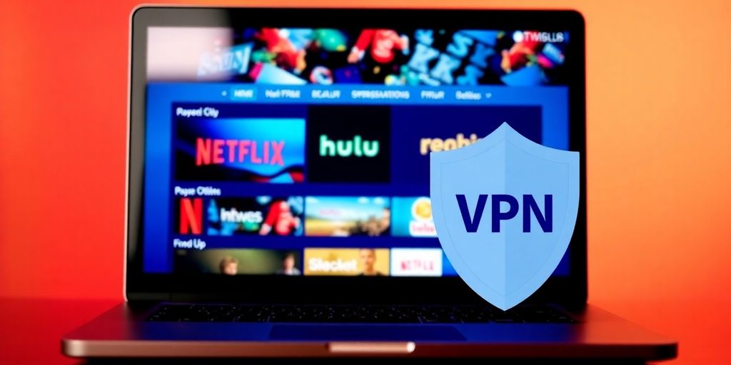 Laptop mit Streaming-Diensten und VPN-Symbol.
