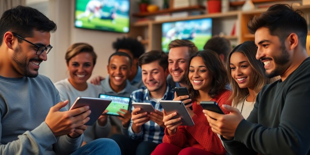 Menschen streamen Sport und Unterhaltung auf Geräten.