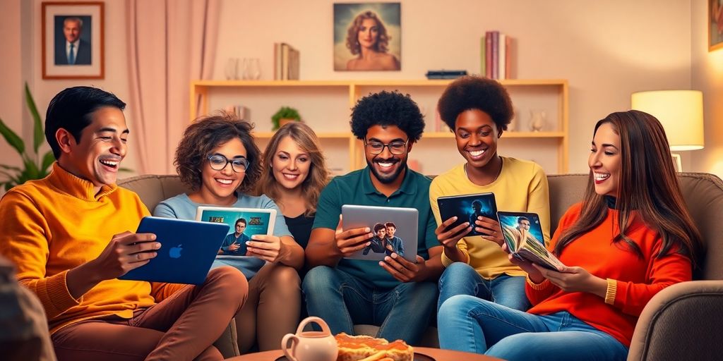 Menschen genießen Streaming in einem gemütlichen Wohnzimmer.