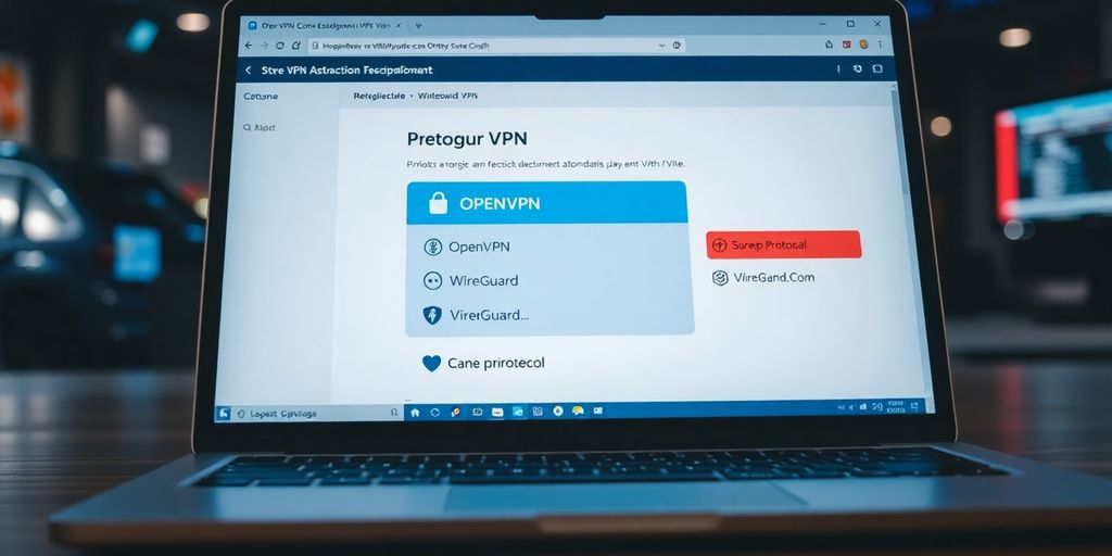 Laptop mit VPN-Oberfläche und Protokolloptionen.