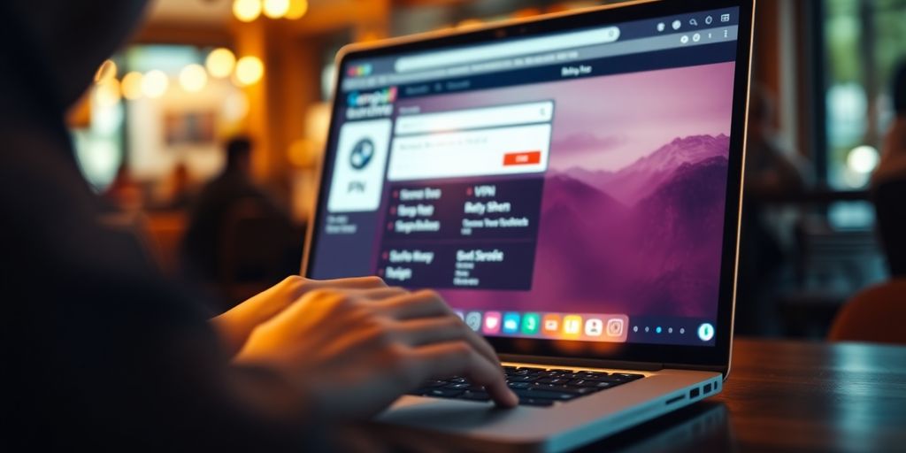 Person mit Laptop in einem Café, VPN-Schnittstelle sichtbar.