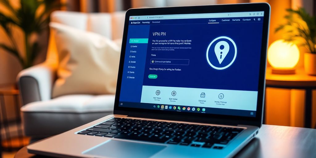 Ein Laptop mit VPN-Oberfläche in einem gemütlichen Raum.