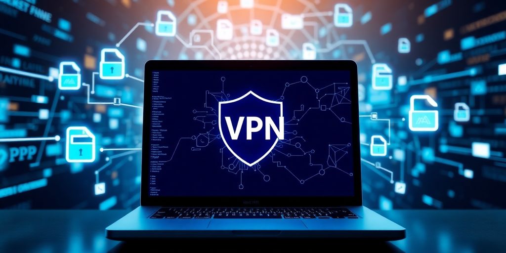 Laptop mit VPN und Dateien, die heruntergeladen werden.