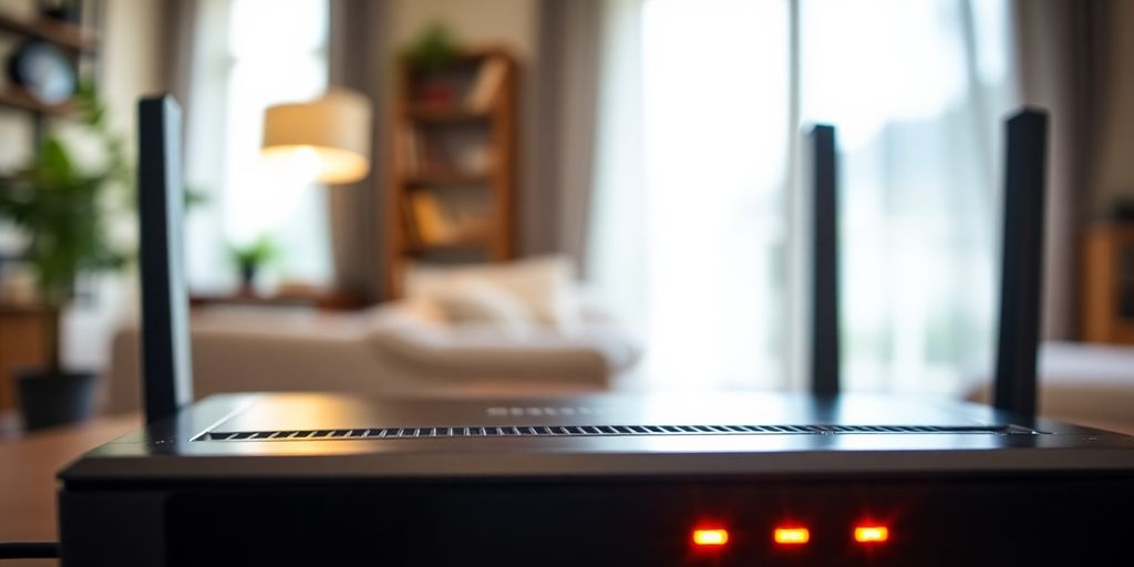 Moderner Router mit LED-Anzeigen in einem Wohnraum.