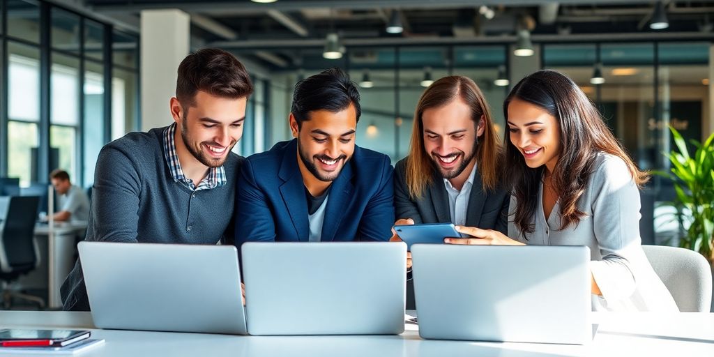 Teamarbeit in einem modernen Büro mit Technologie.