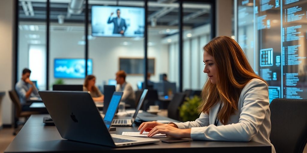 Professionelles Büroumfeld mit Mitarbeitern an Laptops.