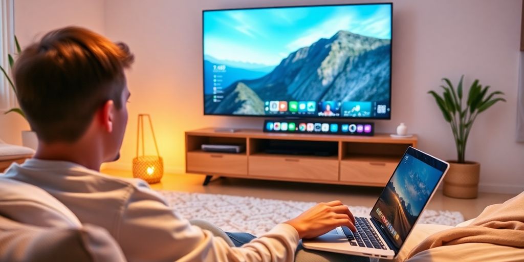 Person mit Laptop, entspanntes Streaming in gemütlichem Raum.