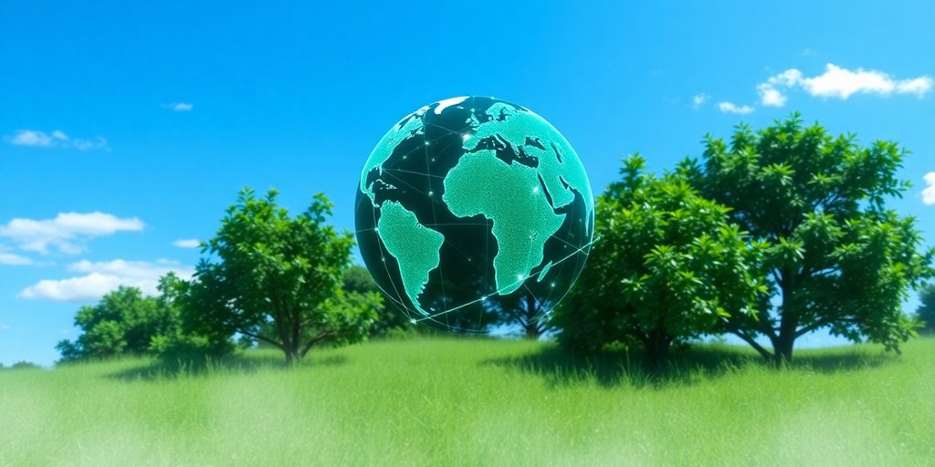 Digitale Landschaft mit verbundenem Globus und Natur.