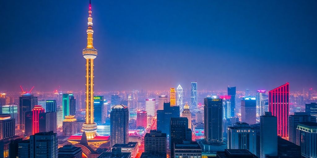 Beijing Skyline bei Nacht mit hellen Gebäuden.