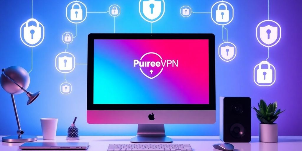 Modernes Computer-Setup mit PureVPN-Oberfläche.