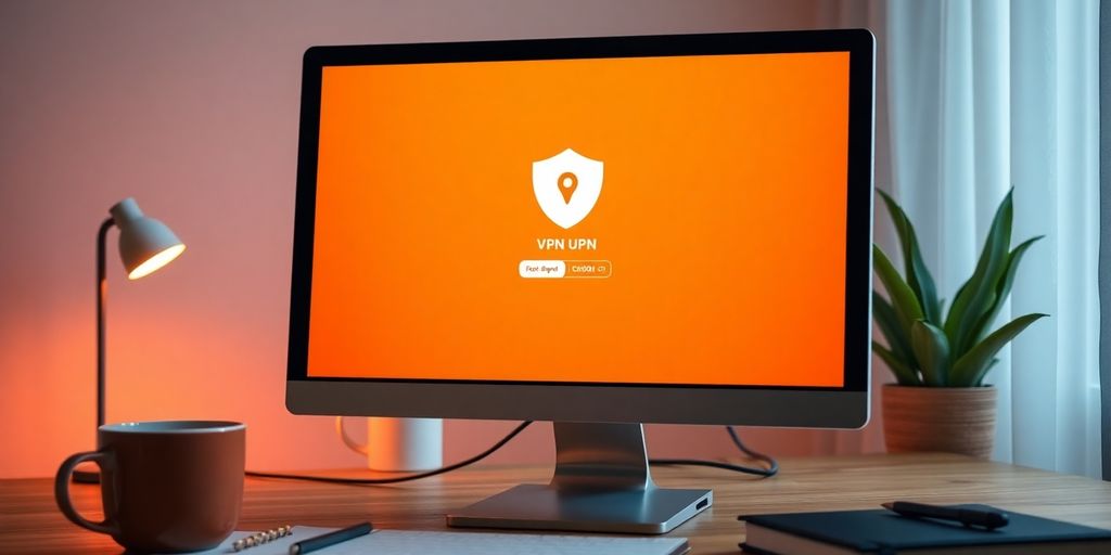 Computerbildschirm mit VPN-Oberfläche in einem gemütlichen Arbeitsbereich.