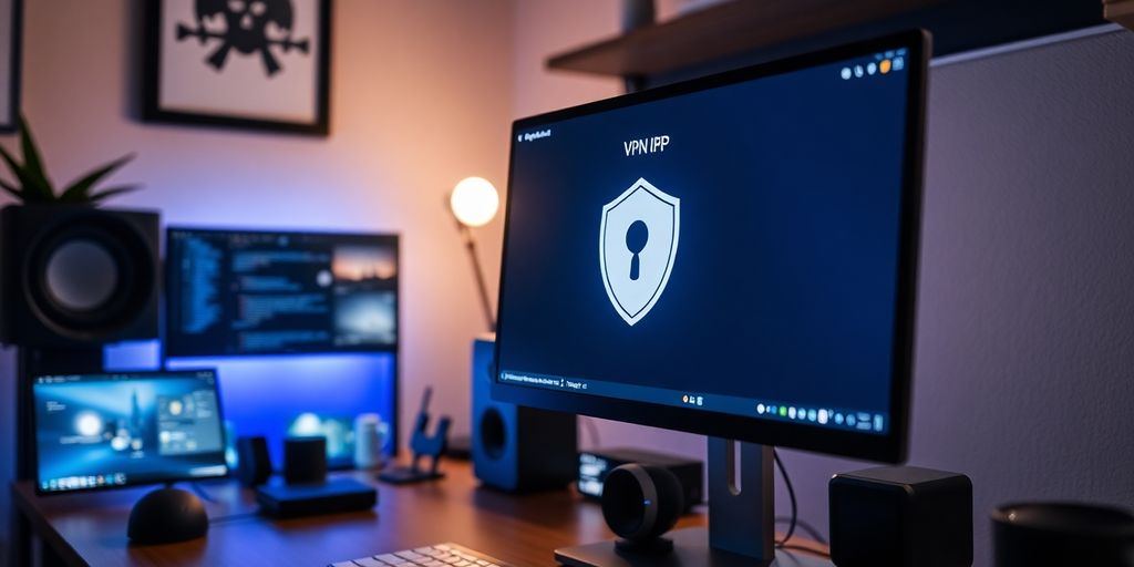 Moderne Computerarbeitsplatz mit VPN-Oberfläche.