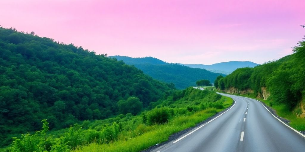 Landschaft mit Straße, die in die Ferne führt.