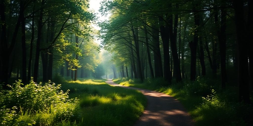Friedlicher Waldweg, der Anonymität und Datenschutz symbolisiert.