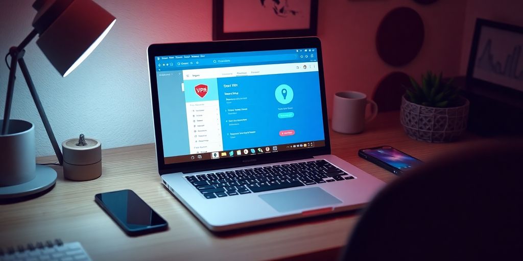 Gemütliches Home-Office mit einem Laptop und VPN-Interface.