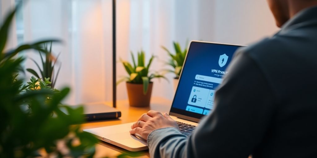 Person am Laptop mit VPN-Schnittstelle auf dem Bildschirm.
