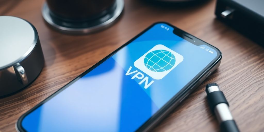 Smartphone mit VPN-App auf einem Holztisch.