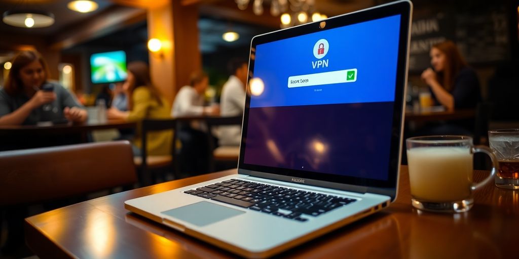 Laptopt mit VPN-Verbindung in einem Café.
