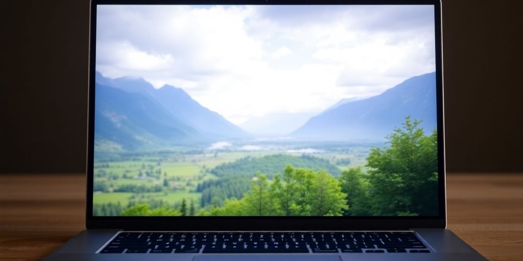 Laptop mit ruhiger Landschaft im Hintergrund.