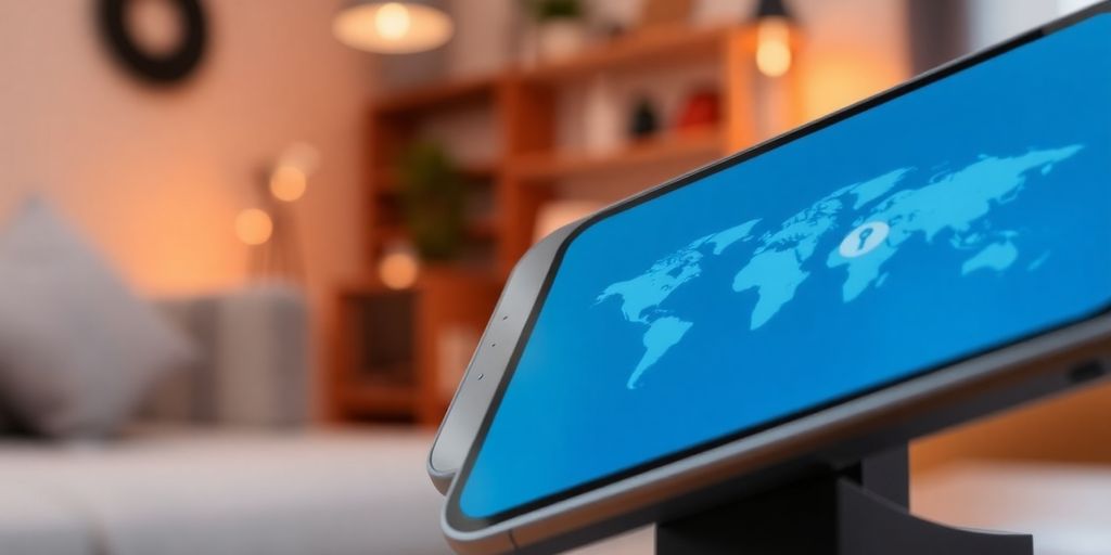 Smartphone mit VPN-App in einem modernen Raum.