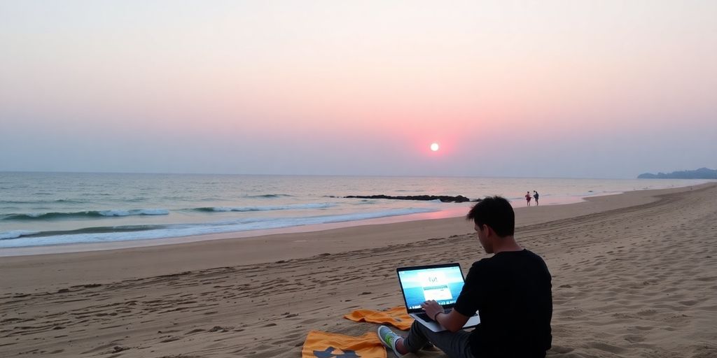 Person am Strand mit Laptop, VPN und Privatsphäre.