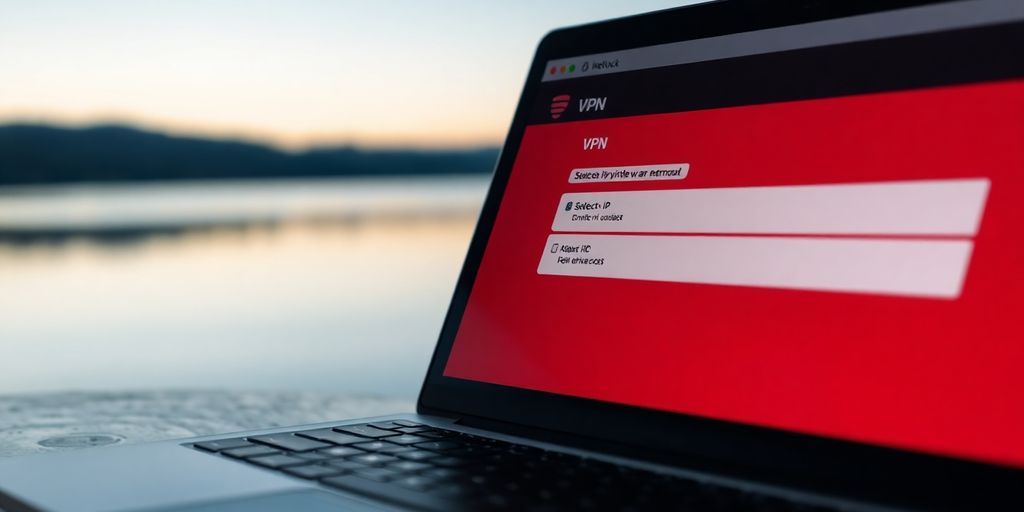 Laptop mit VPN-Oberfläche zur IP-Wahl.