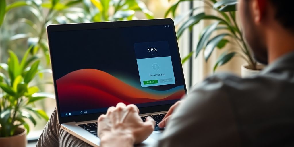 Person mit Laptop, der VPN-Dienst nutzt.
