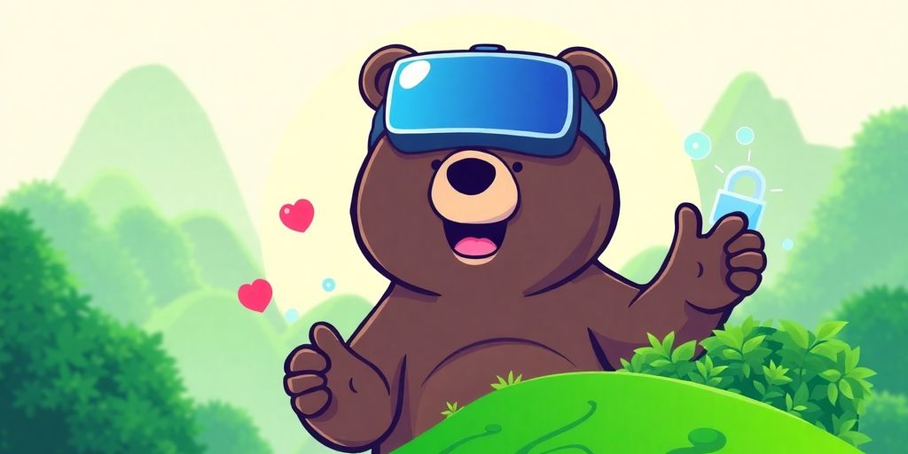 Bär mit VR-Headset in grüner Landschaft.